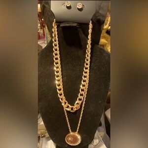 LOVE YOU TO THE MOON AND BACK"18KT GP CUBAN layer CZ necklace earring set NW 18”